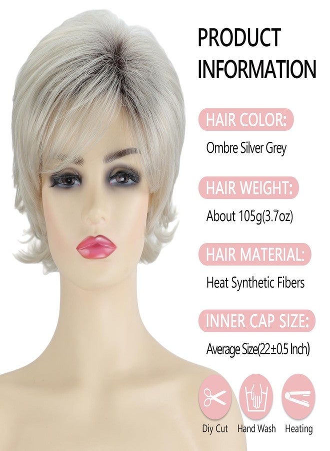 TISHINING Pixie Cut Short Ombre Silver Grey Curly Wigs for White Women Fluffy Layered Mixed Gray Wig with Bangs Natural Looking Synthetic Daily Party Wig - Image 4